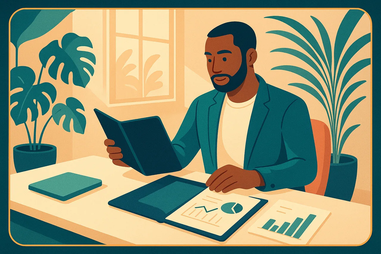 Illustration d'un porteur de projet étudiant son dossier de création d'entreprise en Province Sud