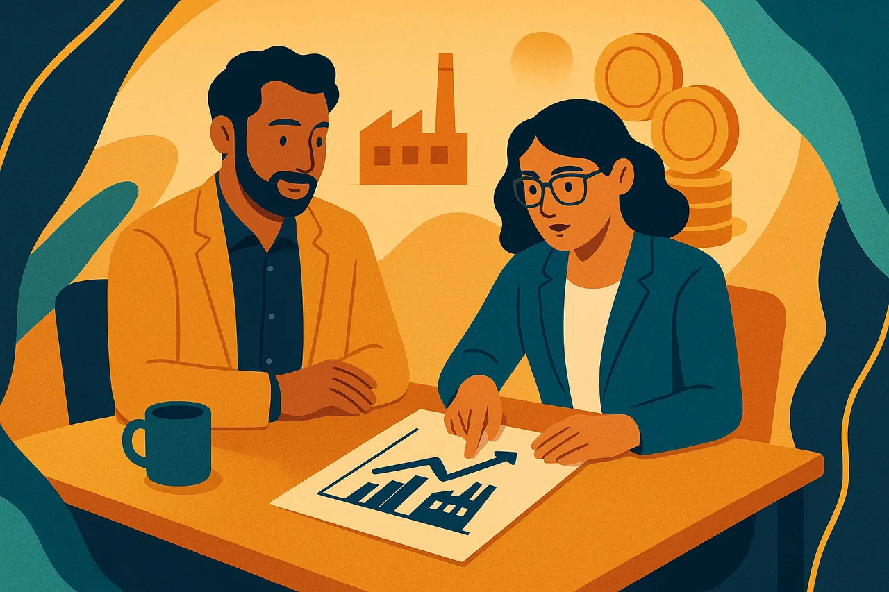 Illustration d'un dirigeant et d'un comptable etudiant un plan d'investissement