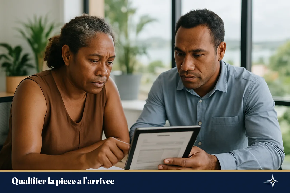 Deux professionnels examinent une facture d'investissement dans un bureau a Noumea