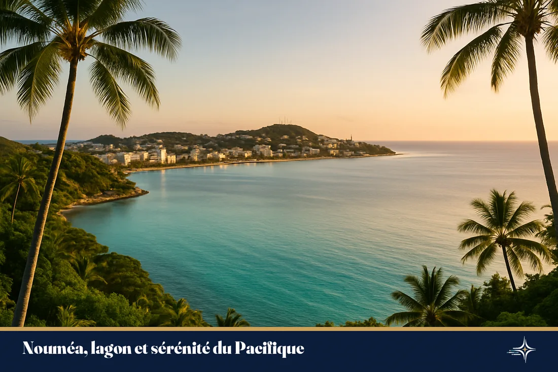 Lagon turquoise et baie de Nouméa en Nouvelle-Calédonie sous une lumière douce du matin