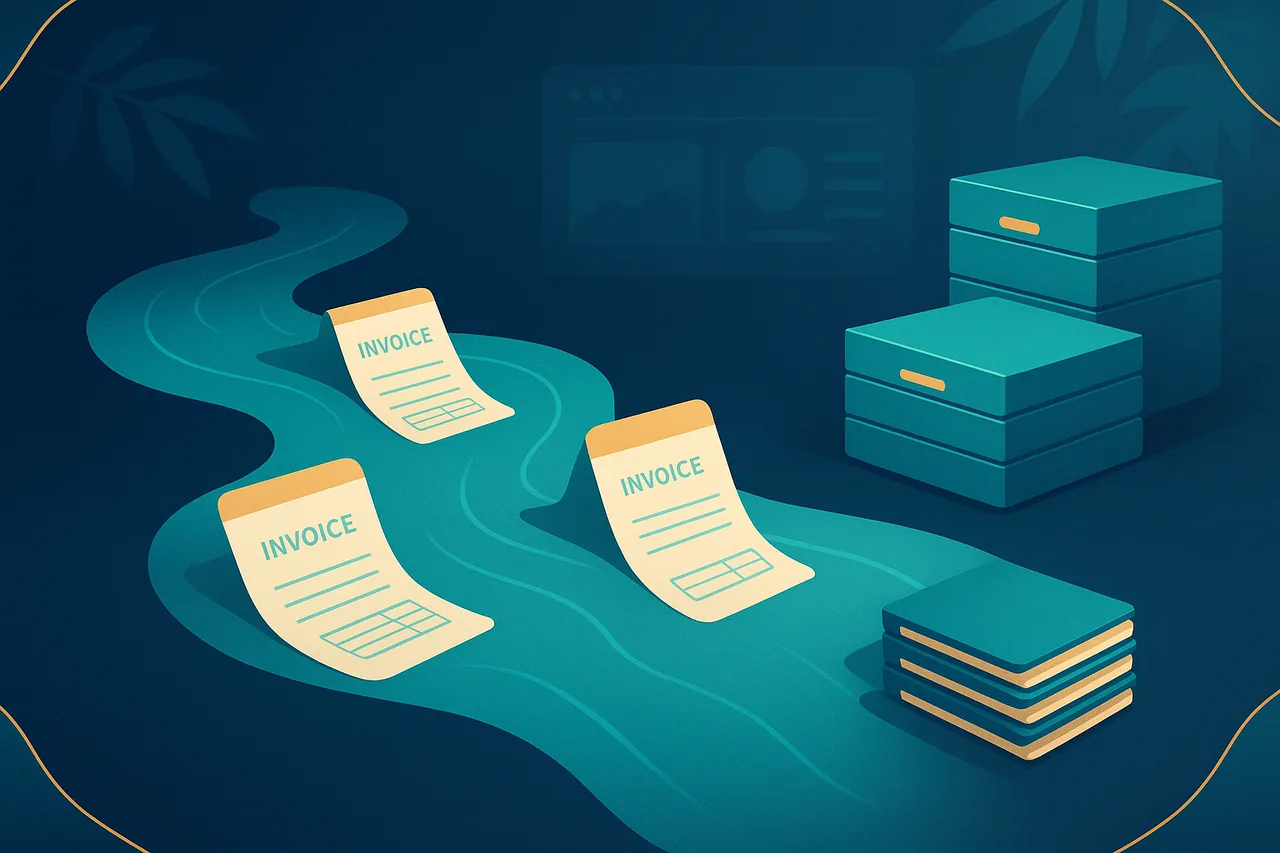 Illustration éditoriale d'un flux de documents comptables organisés tout au long de l'exercice