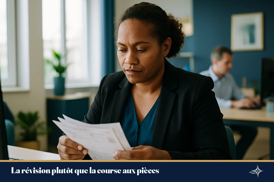 Collaboratrice d'un cabinet comptable calédonien révisant sereinement des pièces dans un bureau lumineux