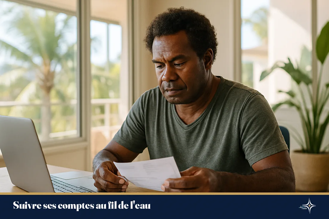Un indépendant calédonien organisant ses factures dans son bureau à Nouméa