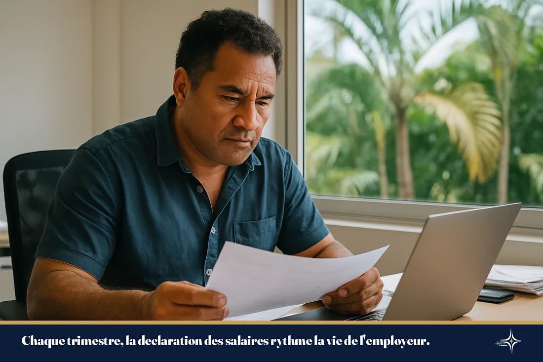 Dirigeant examinant ses documents sociaux dans un bureau à Nouméa