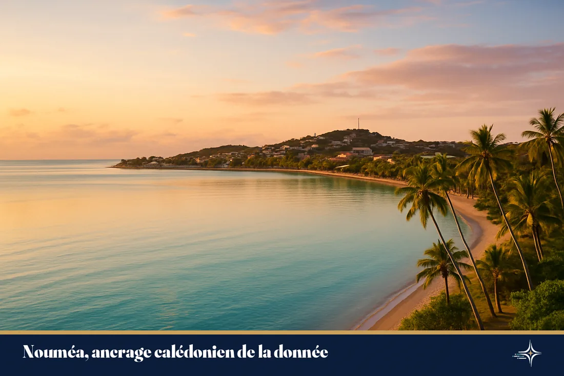 Baie de Nouméa au lagon turquoise et cocotiers, lumière dorée du Pacifique Sud