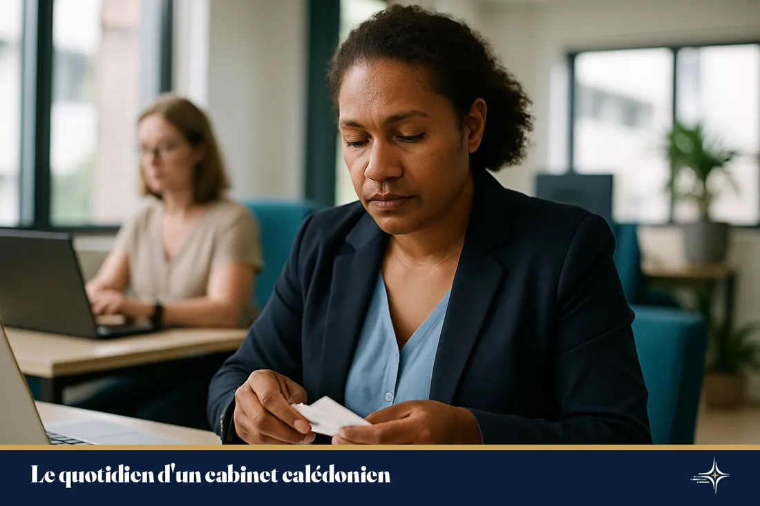 Collaboratrice d'un cabinet comptable calédonien révisant des pièces justificatives au bureau