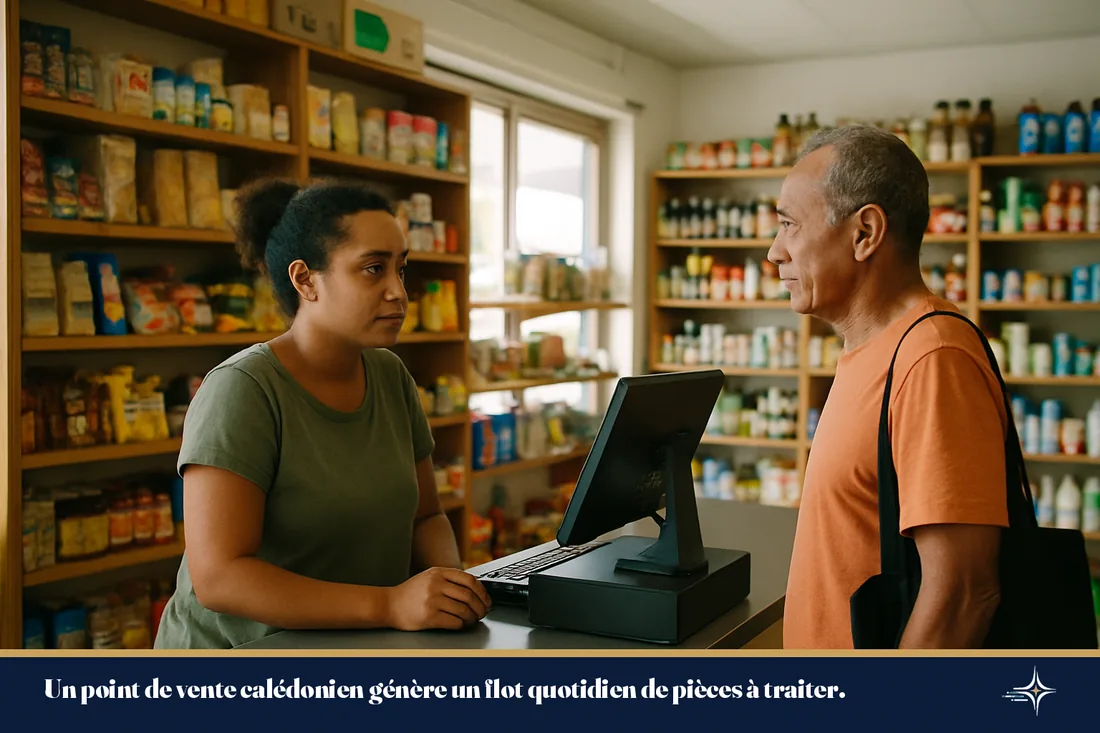 Intérieur d'un commerce de détail à Nouméa avec rayons garnis