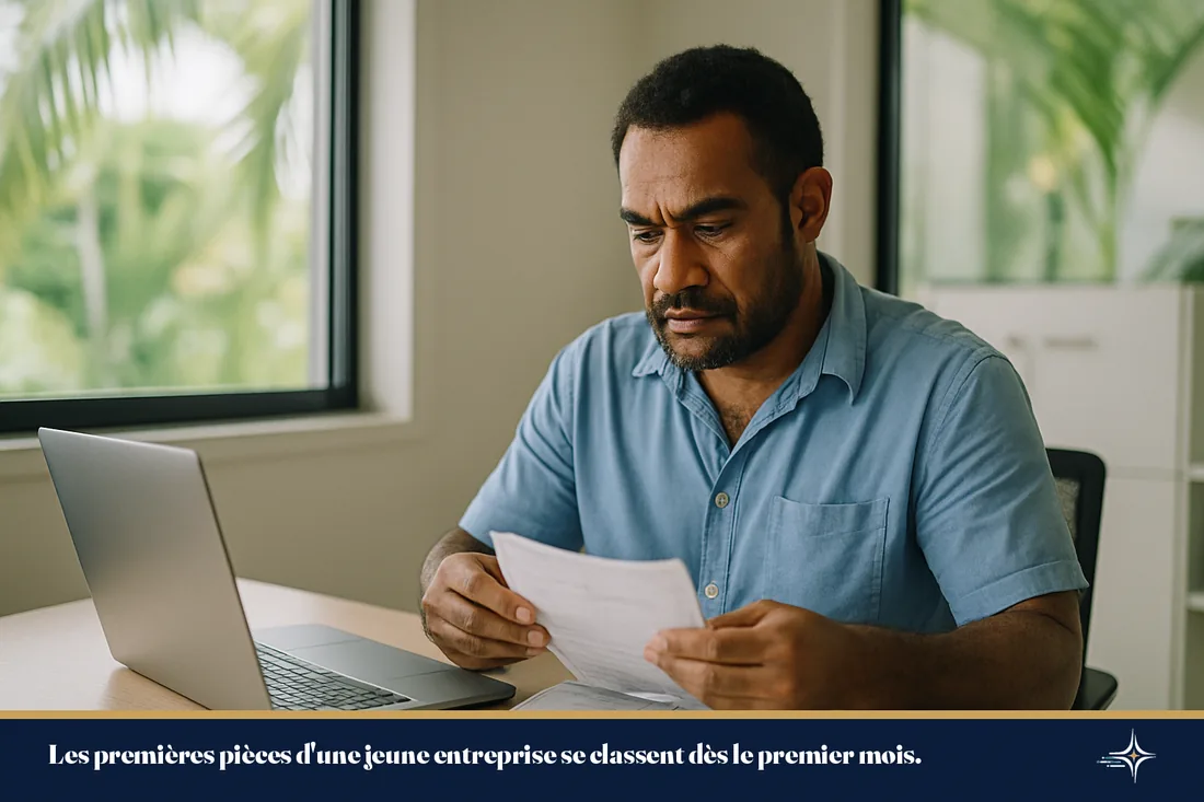 Dirigeant d'une jeune entreprise organisant ses premières factures à Nouméa