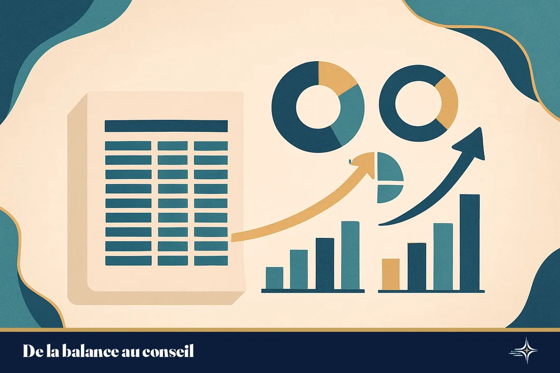 Illustration montrant une balance comptable transformée en indicateurs de gestion