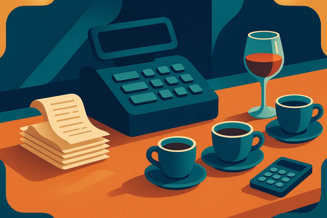 Illustration d'un comptoir de restaurant avec caisse, tickets et calculatrice