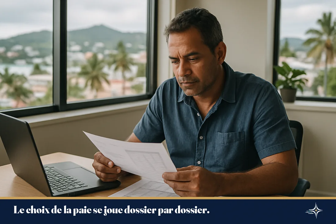Dirigeant calédonien étudiant ses dossiers de paie dans un bureau à Nouméa