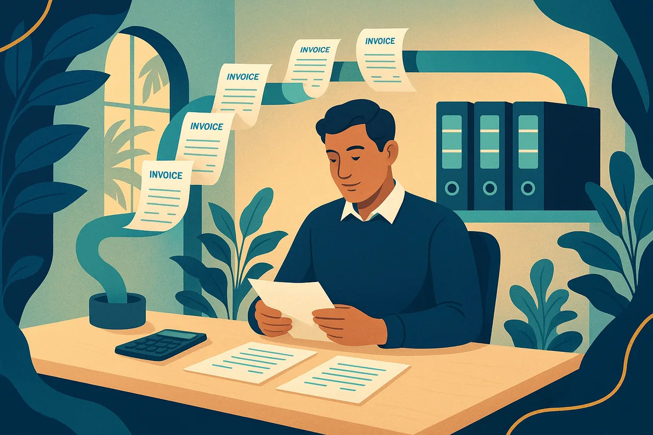Illustration d'un comptable calédonien révisant des écritures préparées automatiquement