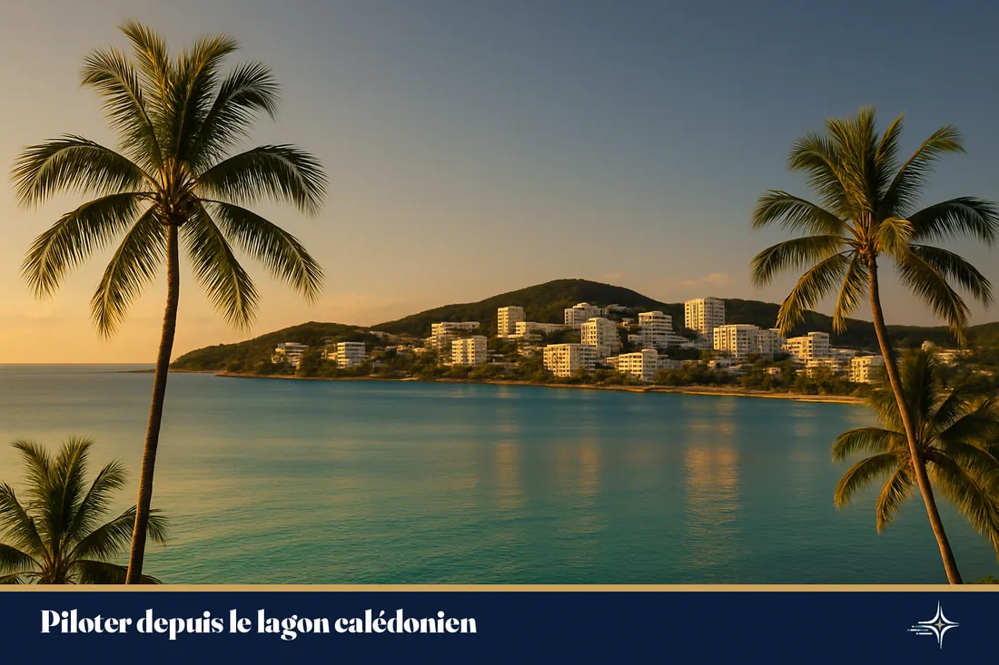 Baie de Nouméa au lagon turquoise et collines verdoyantes, lumière dorée du Pacifique Sud