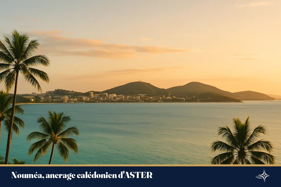 Vue paysage de la baie de Nouméa, lagon turquoise et palmiers à l'heure dorée