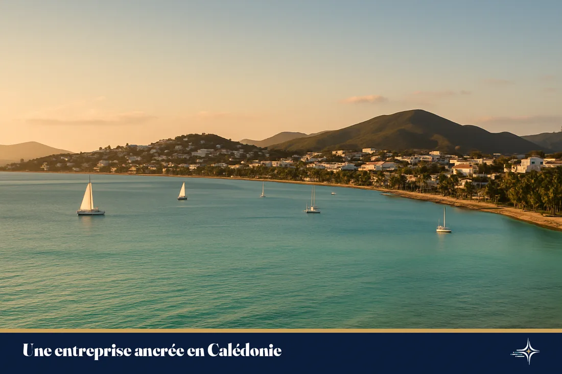 Vue du lagon de Nouméa et de la côte calédonienne à la lumière dorée