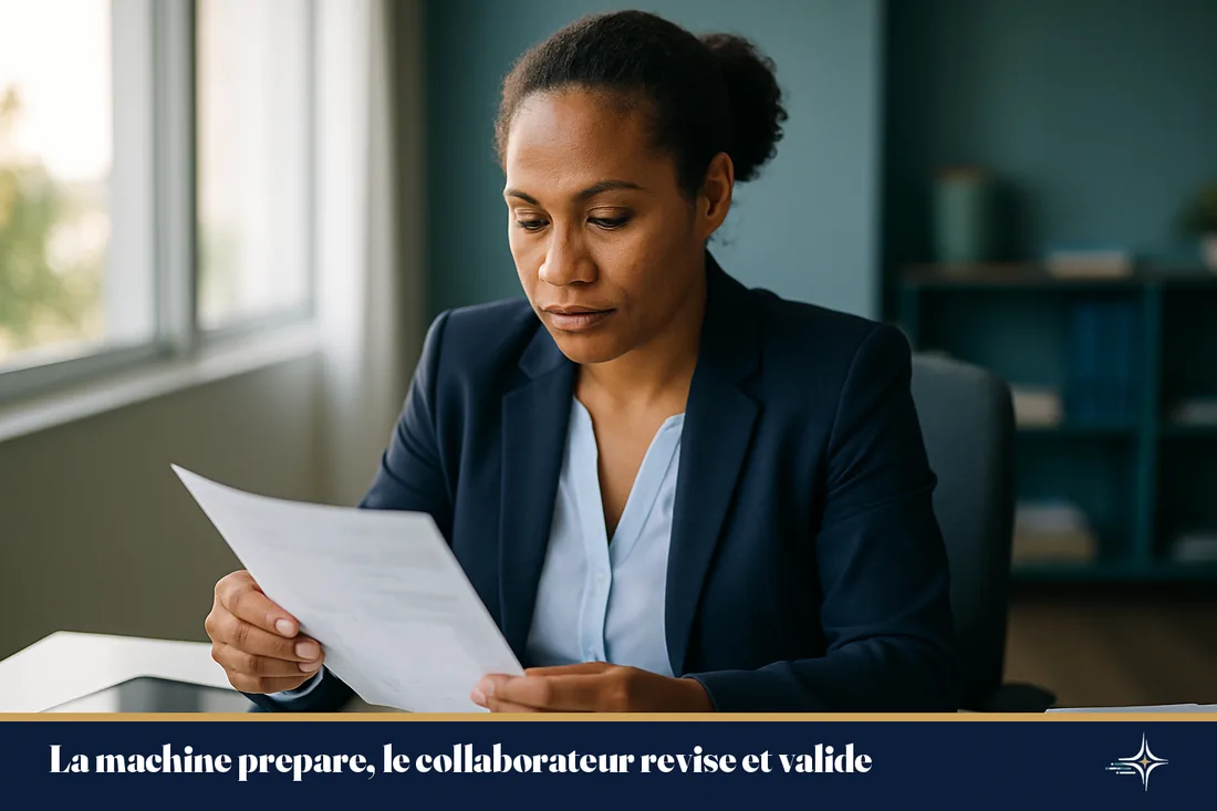 Collaborateur calédonien révisant des factures papier dans un bureau lumineux à Nouméa