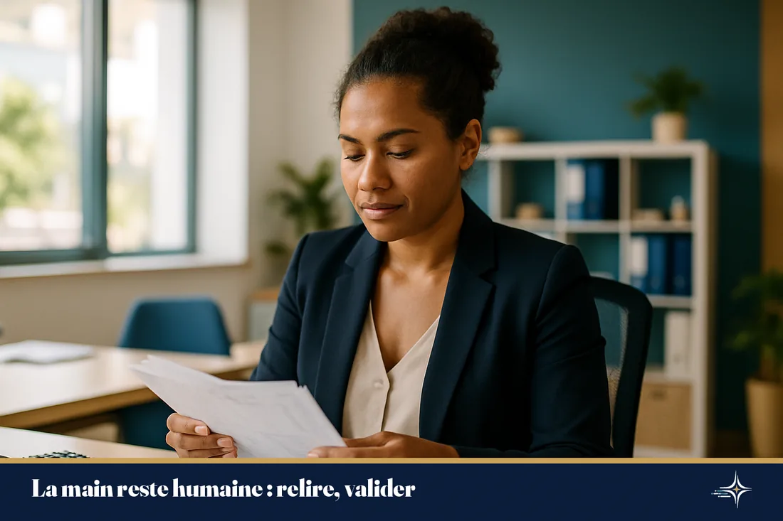 Collaboratrice calédonienne révisant des factures dans un cabinet comptable lumineux à Nouméa