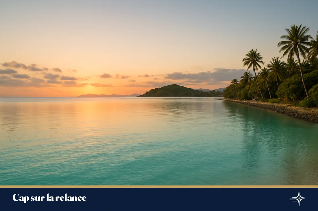 Le lagon de Nouméa au lever du jour, horizon apaisé évoquant la reprise