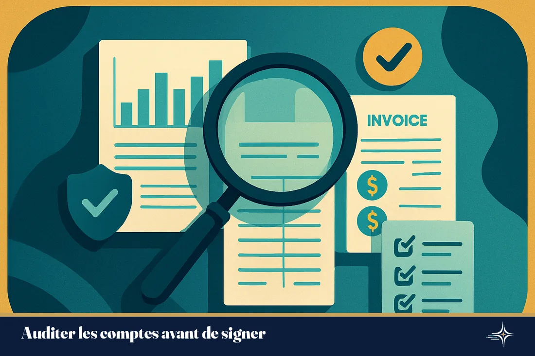 Une loupe examine bilan, factures et créances lors d'une due diligence comptable