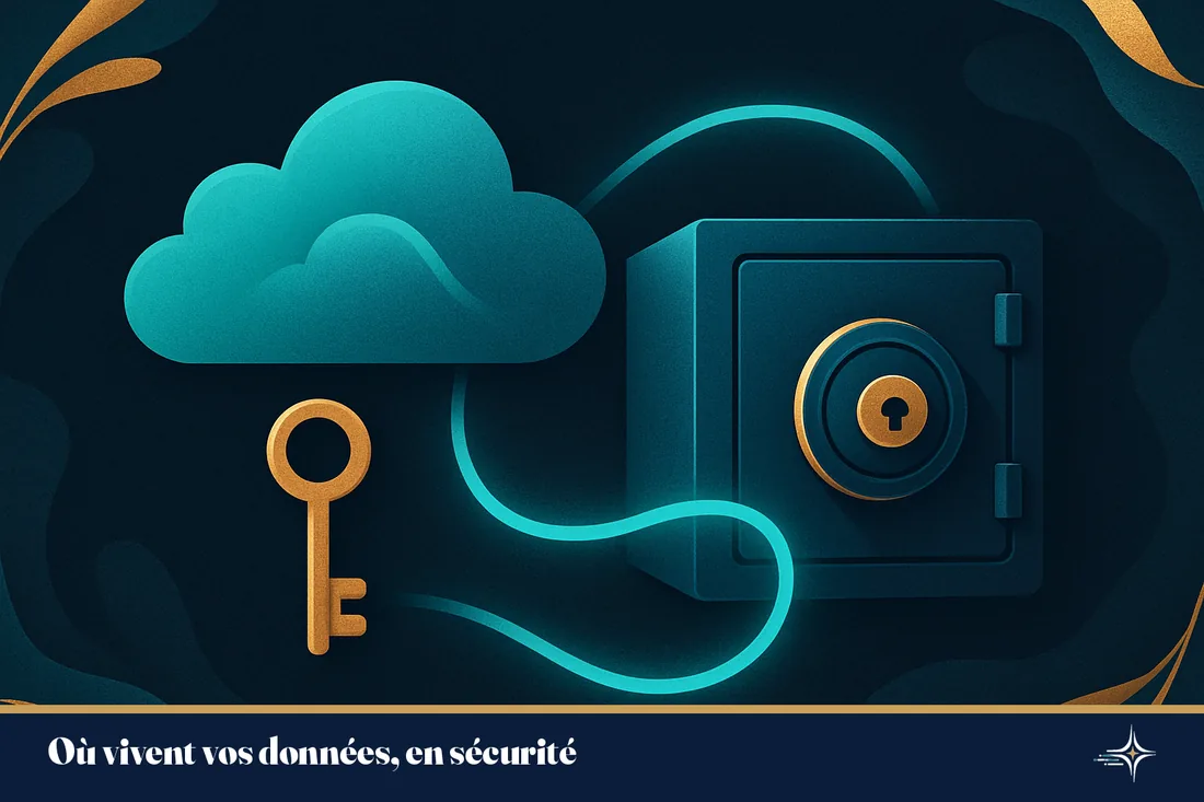 Illustration conceptuelle d'un coffre et d'un nuage sécurisés reliant les données comptables protégées