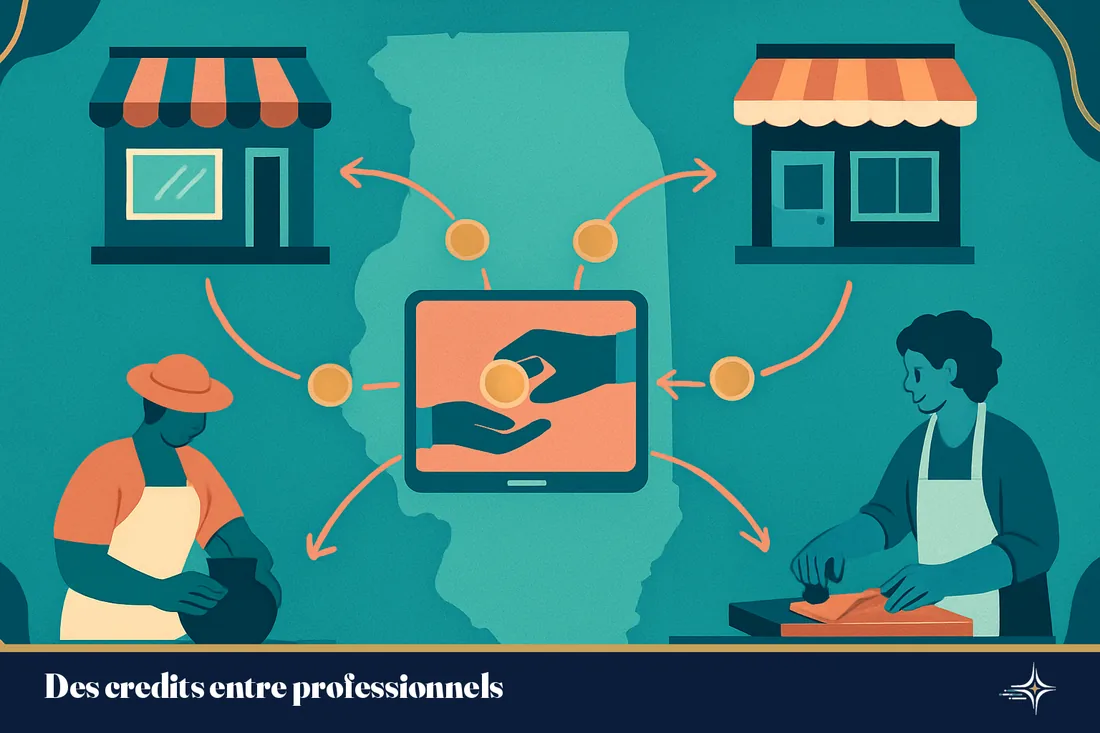 Schéma illustré de crédits circulant entre professionnels sur une plateforme