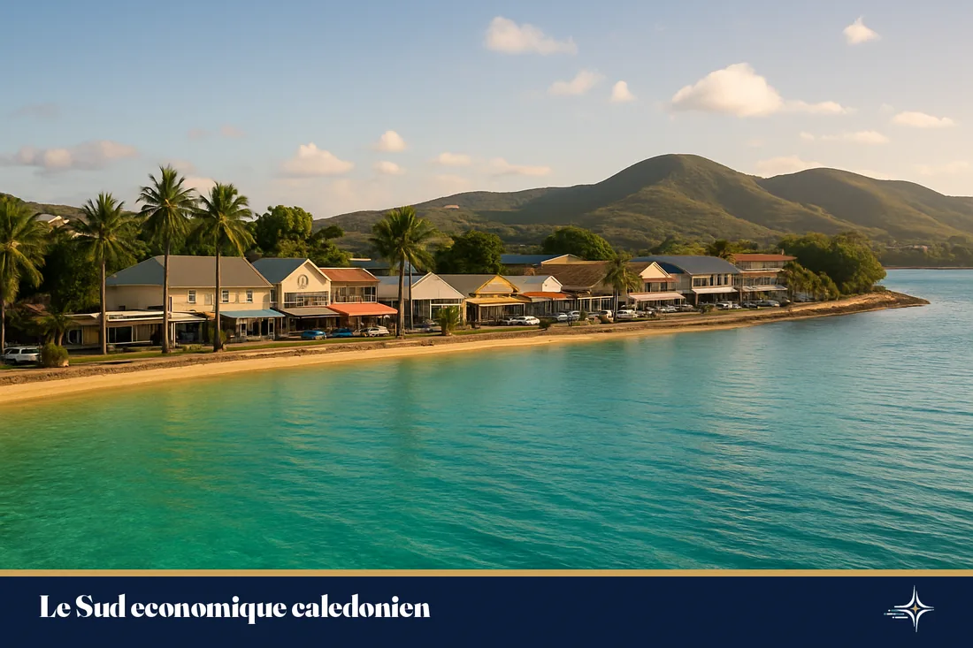 Baie de Nouméa et front de mer commercial en lumière de fin de journée
