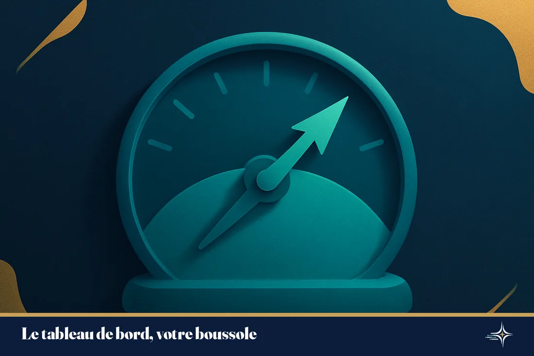 Illustration conceptuelle: le tableau de bord de gestion comme boussole de pilotage, charte ASTER