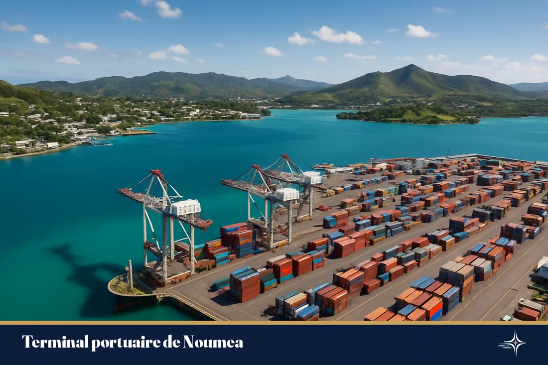 Vue aerienne du terminal portuaire de Noumea et de son lagon