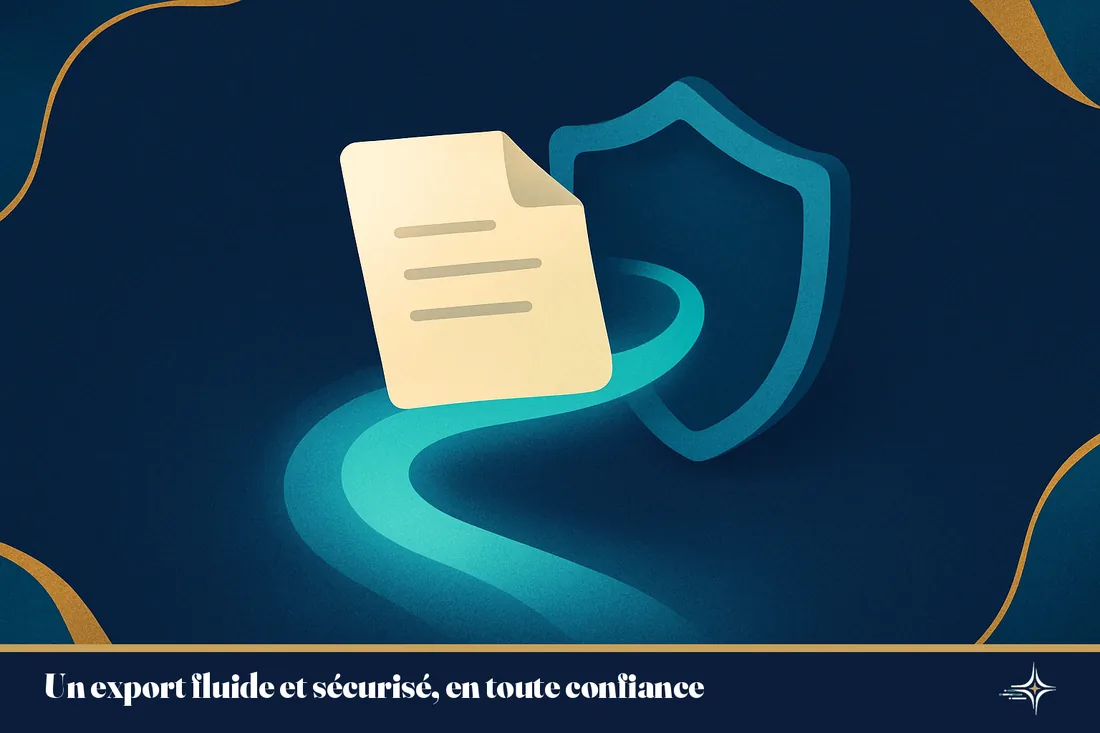Illustration conceptuelle d'un export fluide et sécurisé des données comptables aux couleurs ASTER