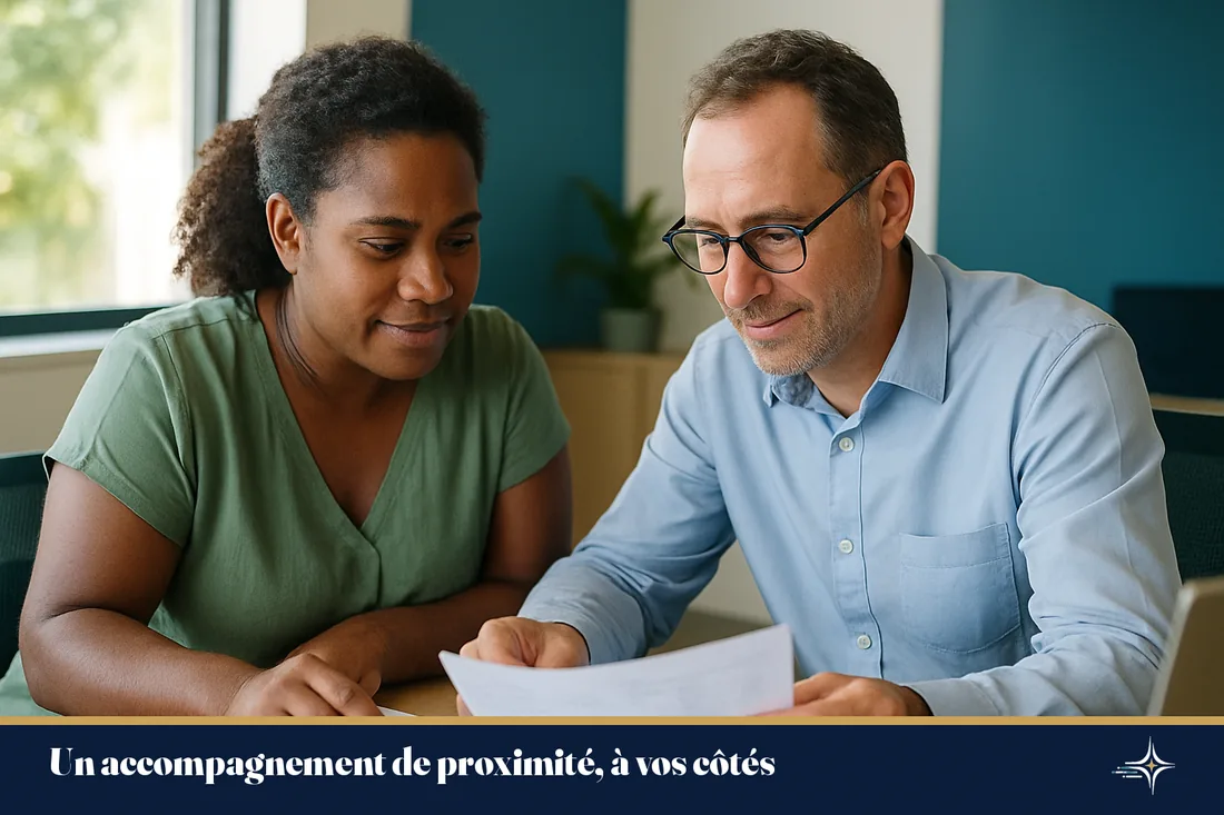 Deux experts-comptables calédoniens révisant ensemble des documents dans un bureau lumineux