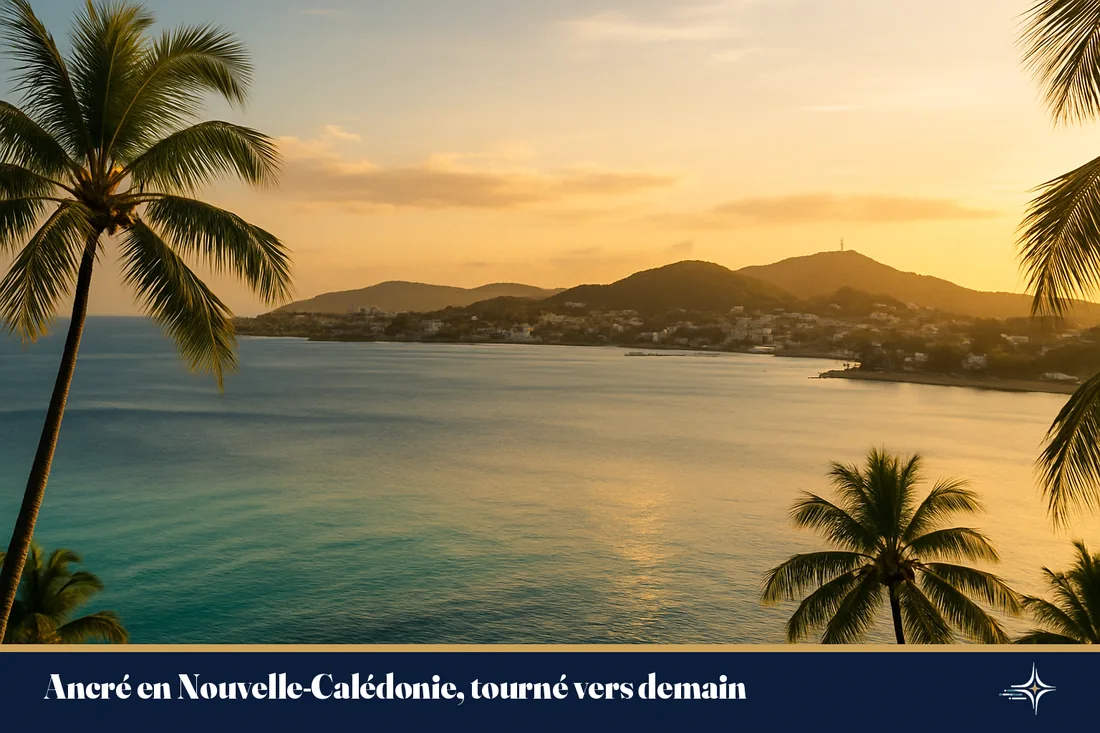 Vue paysage de la baie de Nouméa et du lagon turquoise au coucher de soleil, Nouvelle-Calédonie